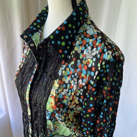 Women’s Blouse Colorful Polka Dot & Floral Print with Lace & Ribbon Accent - Picture 7 of 10